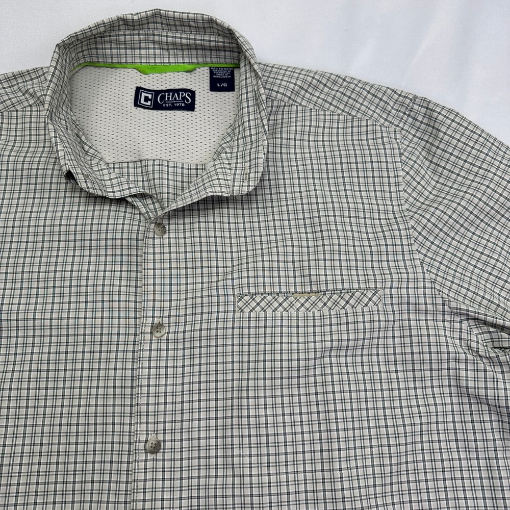 Chaps Button‎ Down Shirt Grey Green Khaki Plaid Lightweight Performance Classic